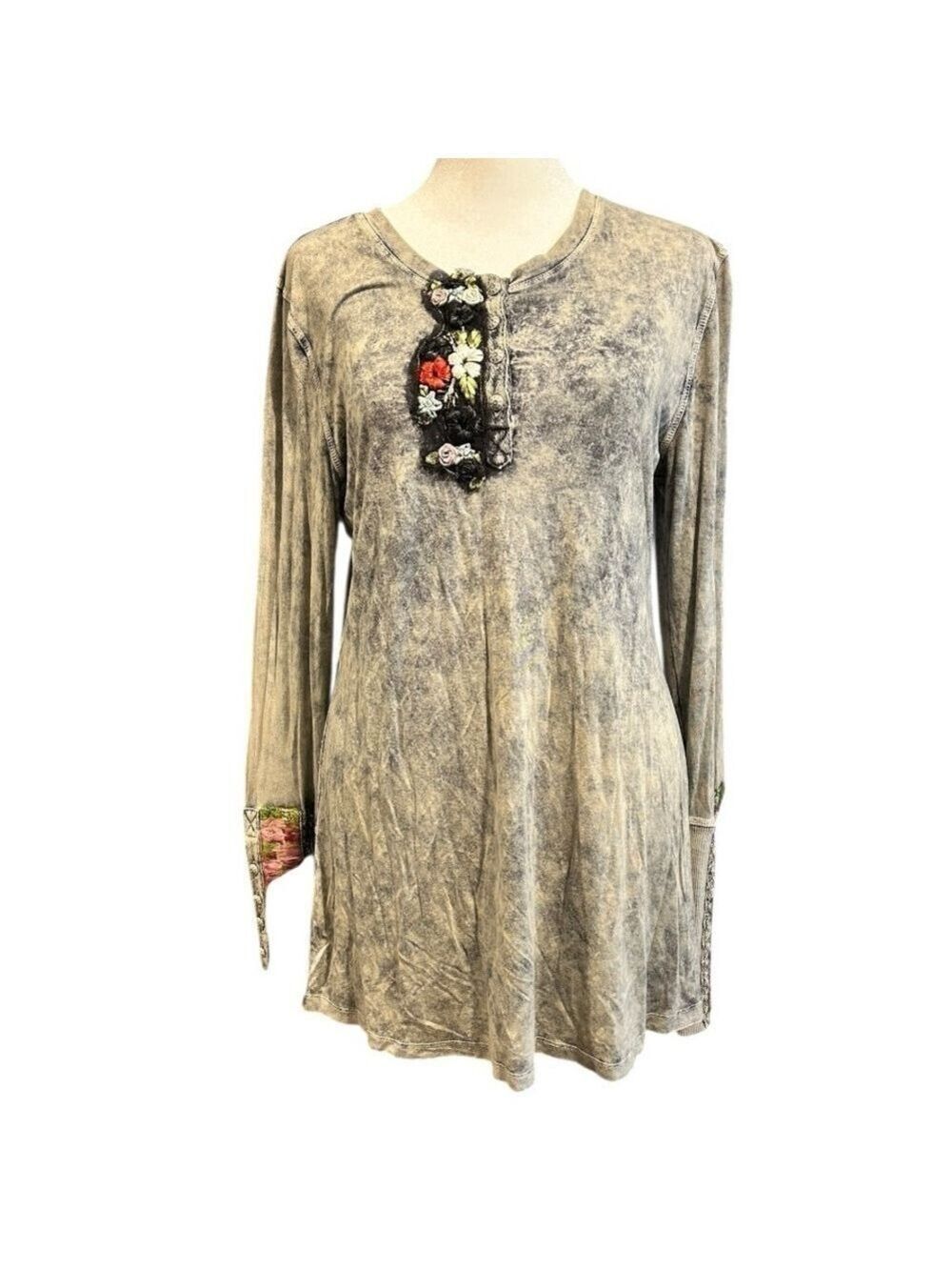 ARATTA SILENT JOURNEY Mineral Acid Wash Embroidered LS Tunic Shirt Boho Sz S EC - Picture 1 of 7